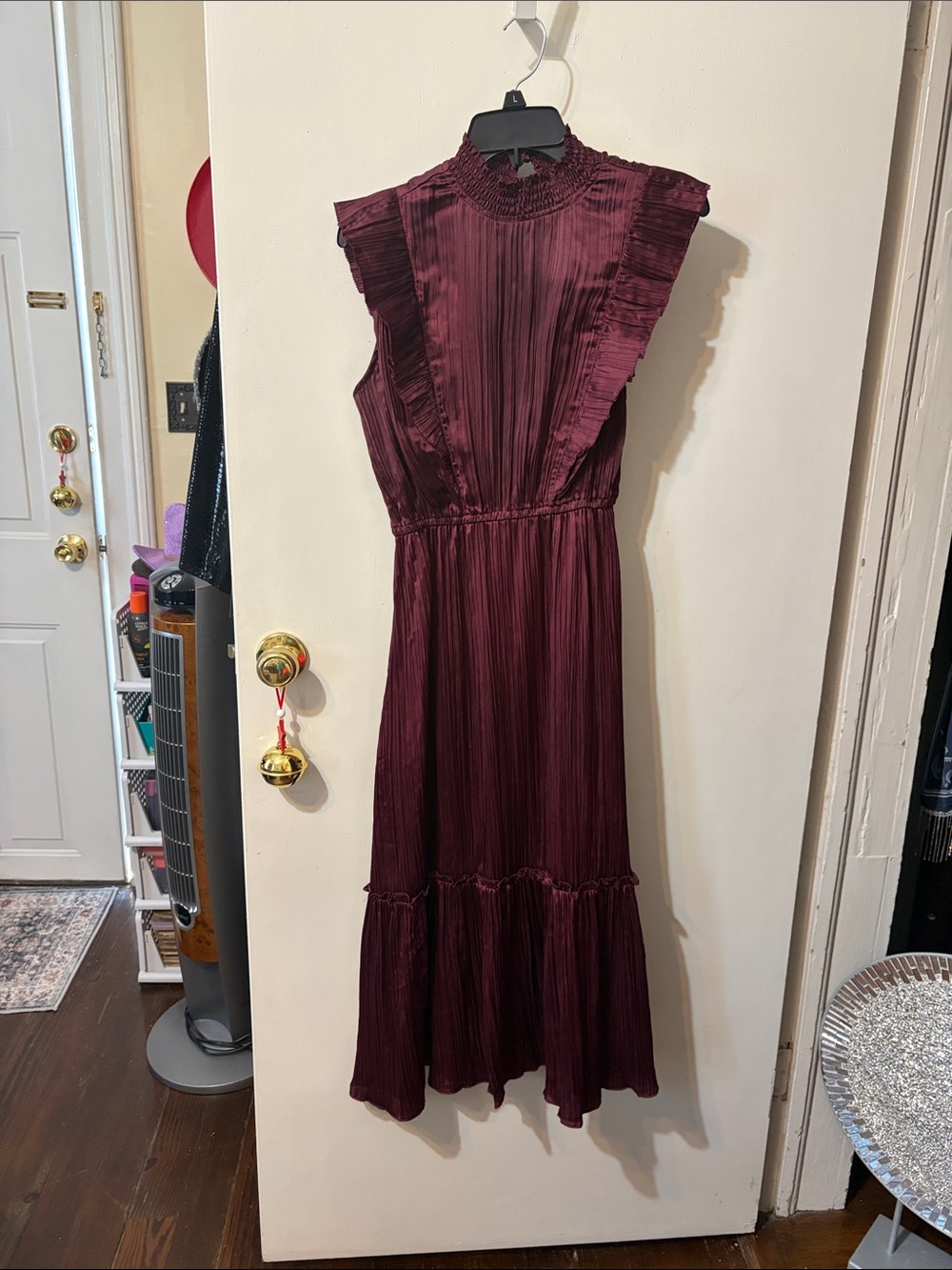 Steve Madden Burgundy Pleated Ruffle Midi Dress